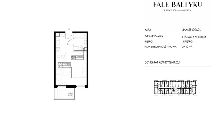 Rzut - Mieszkanie na sprzedaż 1 pokój o powierzchni 29,4 m² - numer FBJC-M72 w Fale Bałtyku Cook