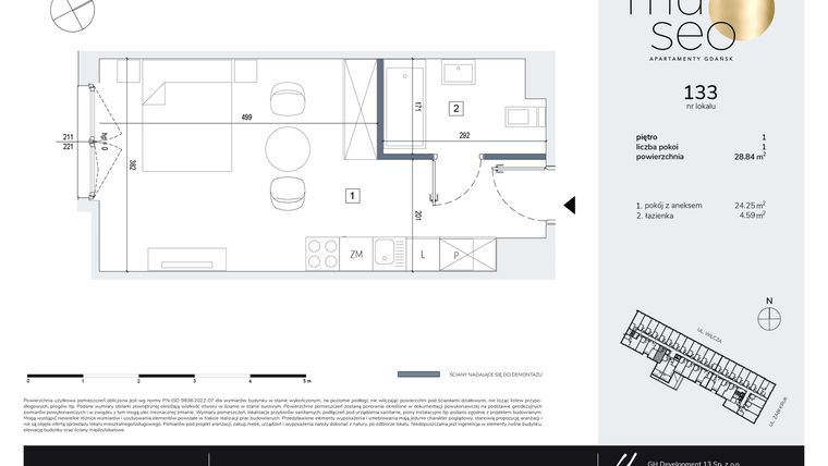 Rzut - Mieszkanie na sprzedaż 1 pokój o powierzchni 28,84 m² - numer 133 w Museo