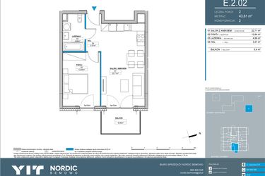 Rzut - Mieszkanie na sprzedaż 2 pokoje o powierzchni 43,81 m² - numer E.2.02 w Nordic Bemowo - etap IV