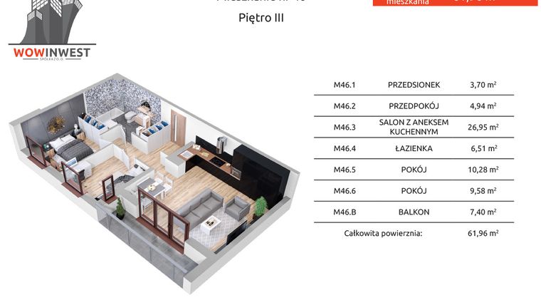 Rzut - Mieszkanie na sprzedaż 3 pokoje o powierzchni 61,96 m² - numer 46 w Pasaż Żeromskiego