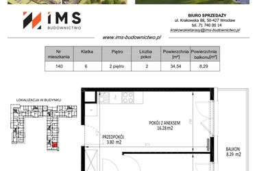 Rzut - Mieszkanie na sprzedaż 2 pokoje o powierzchni 34,58 m² - numer 140 w Krakowskie Tarasy etap V