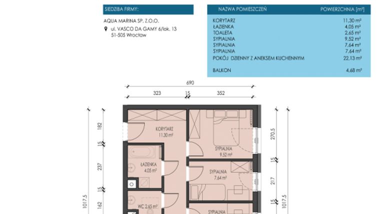 Rzut - Mieszkanie na sprzedaż 4 pokoje o powierzchni 64,93 m² - numer A31 w Apartamenty Aqua Marina