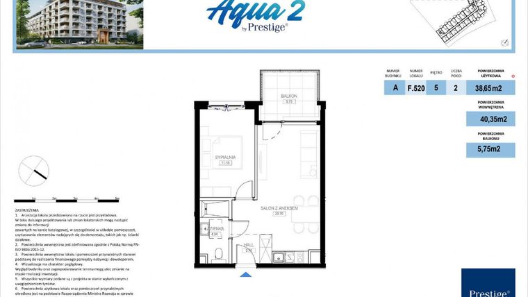 Rzut - Mieszkanie na sprzedaż 2 pokoje o powierzchni 38,65 m² - numer F.520 w Bel Mare (Międzyzdroje)
