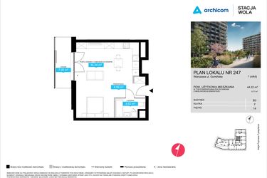 Rzut - Mieszkanie na sprzedaż 1 pokój o powierzchni 44,22 m² - numer B3.247 w Stacja Wola - Etap III