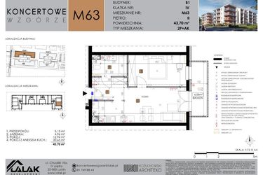 Rzut - Mieszkanie na sprzedaż 2 pokoje o powierzchni 43,7 m² - numer B1.63 w Koncertowe Wzgórze