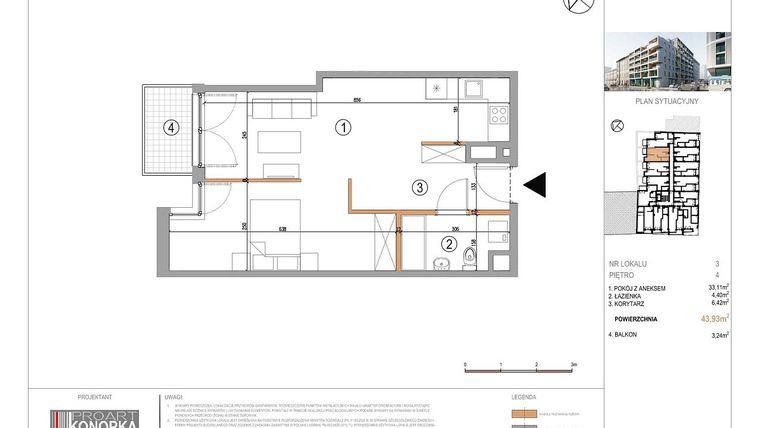 Rzut - Mieszkanie na sprzedaż 1 pokój o powierzchni 43,93 m² - numer A4/3 w 5th Avenue Apartments