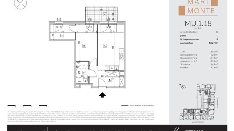 Rzut - Mieszkanie na sprzedaż 3 pokoje o powierzchni 52,1 m² - numer MU.1.18 w Marimonte - apartamenty inwestycyjne