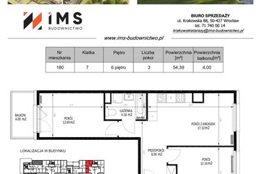 Rzut - Mieszkanie na sprzedaż 3 pokoje o powierzchni 54,35 m² - numer 180 w Krakowskie Tarasy etap V