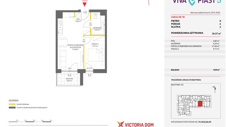 Rzut - Mieszkanie na sprzedaż 2 pokoje o powierzchni 36,32 m² - numer A.98 w Viva Piast 5