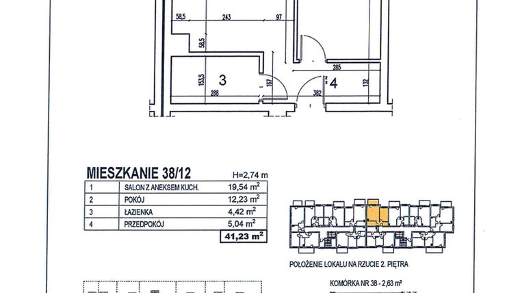 Rzut - Mieszkanie na sprzedaż 2 pokoje o powierzchni 41,23 m² - numer 38/12 w Osiedle Jodłowa bud. D