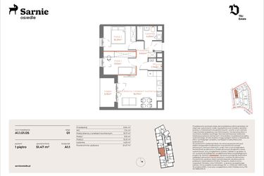 Rzut - Mieszkanie na sprzedaż 3 pokoje o powierzchni 51,47 m² - numer A1.1-01.05 w Sarnie Osiedle