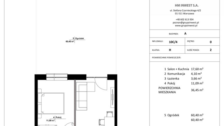 Rzut - Mieszkanie na sprzedaż 2 pokoje o powierzchni 36,45 m² - numer 10C/4 w Jasielska 8C etap II