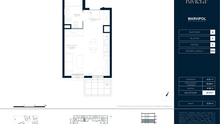 Rzut - Mieszkanie na sprzedaż 1 pokój o powierzchni 28,04 m² - numer A.M060 w Riviera⁵