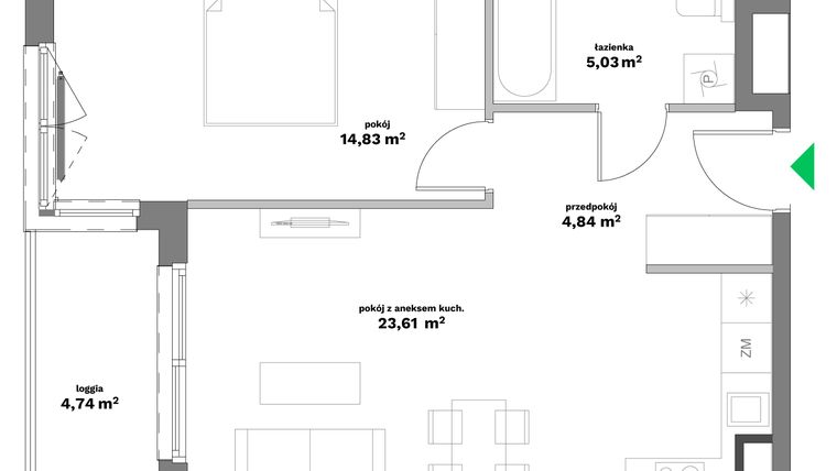 Rzut - Mieszkanie na sprzedaż 2 pokoje o powierzchni 48,31 m² - numer B2-26 w Forma Otwarta etap II