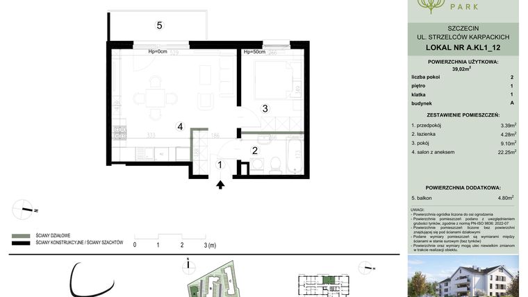 Rzut - Mieszkanie na sprzedaż 2 pokoje o powierzchni 39,02 m² - numer A.1.12 w Bukovo Park