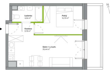 Rzut - Mieszkanie na sprzedaż 2 pokoje o powierzchni 37,98 m² - numer B.05.01.07 w WUWA Vita