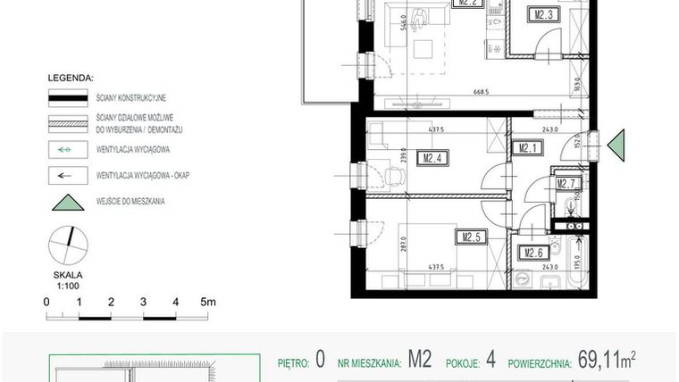 Rzut - Mieszkanie na sprzedaż 4 pokoje o powierzchni 69,11 m² - numer 2 w Kolarska Koncept