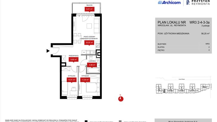 Rzut - Mieszkanie na sprzedaż 3 pokoje o powierzchni 56,25 m² - numer WR3 2/4/3/3a w Przystań Reymonta etap II