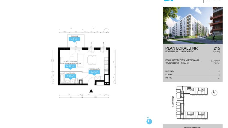 Rzut - Mieszkanie na sprzedaż 1 pokój o powierzchni 33,49 m² - numer CDEF.215 w Wieża Jeżyce etap II
