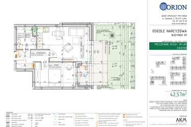 Rzut - Mieszkanie na sprzedaż 2 pokoje o powierzchni 42,57 m² - numer N1.02 w Osiedle Narcyzowe etap 2