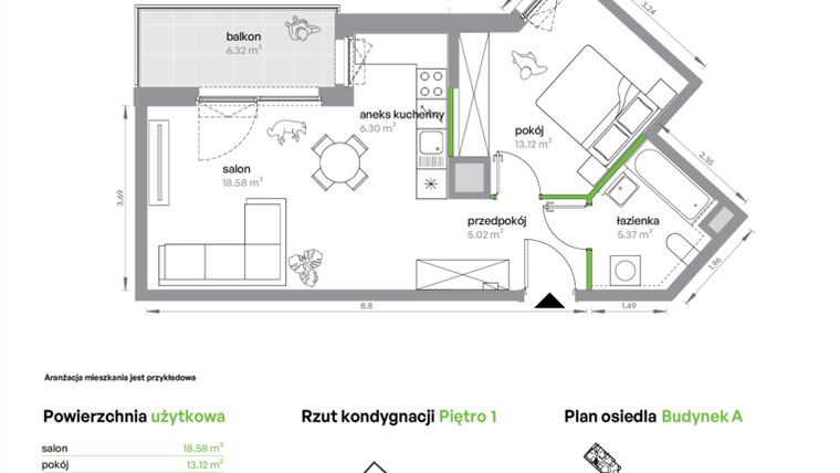Rzut - Mieszkanie na sprzedaż 2 pokoje o powierzchni 48,39 m² - numer AA0101/4 w M Bemowo