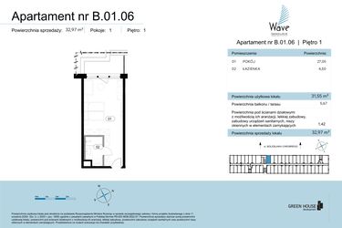 Rzut - Mieszkanie na sprzedaż 1 pokój o powierzchni 32,97 m² - numer B.01.06 w Wave Świnoujście Thermal & Spa