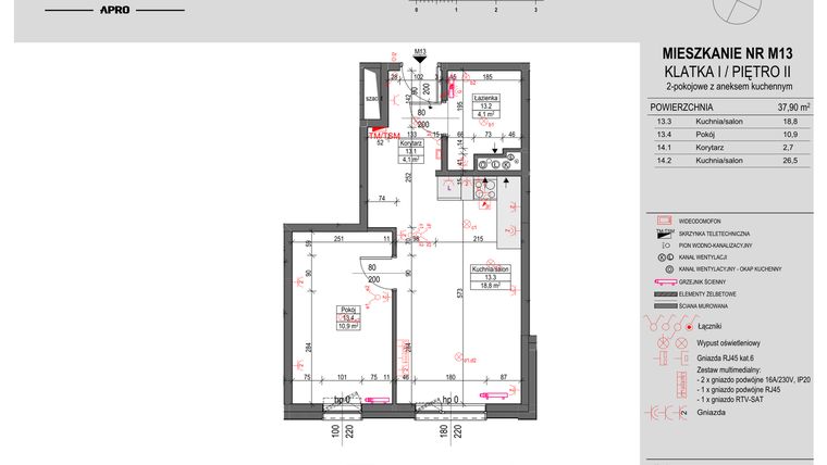 Rzut - Mieszkanie na sprzedaż 2 pokoje o powierzchni 37,9 m² - numer M13 w Antczaka 46