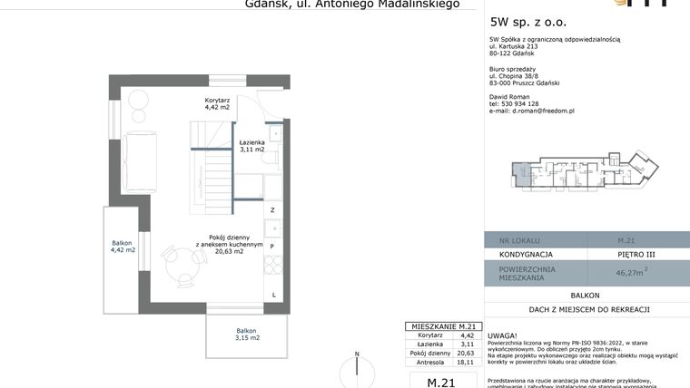 Rzut - Mieszkanie na sprzedaż 2 pokoje o powierzchni 46,27 m² - numer M21 w Madalińskiego