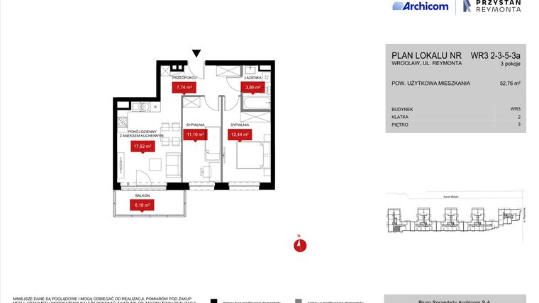 Rzut - Mieszkanie na sprzedaż 3 pokoje o powierzchni 52,76 m² - numer WR3 2/3/5/3a w Przystań Reymonta etap II