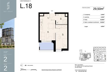 Rzut - Mieszkanie na sprzedaż 2 pokoje o powierzchni 29,5 m² - numer L18 w Sky Trust etap II - apartamenty inwestycyjne 23% VAT PRS