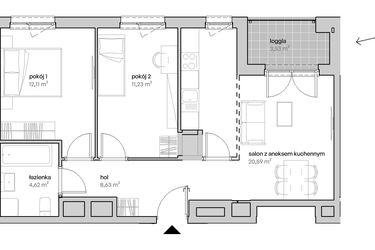 Rzut - Mieszkanie na sprzedaż 3 pokoje o powierzchni 56,96 m² - numer A.12.141 w Unii Lubelskiej Vita