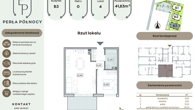 Rzut - Mieszkanie na sprzedaż 2 pokoje o powierzchni 41,83 m² - numer B3.0_4 w Perła Północy etap 2