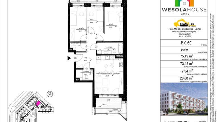 Rzut - Mieszkanie na sprzedaż 4 pokoje o powierzchni 73,15 m² - numer B.0.60 w Wesoła House Etap II