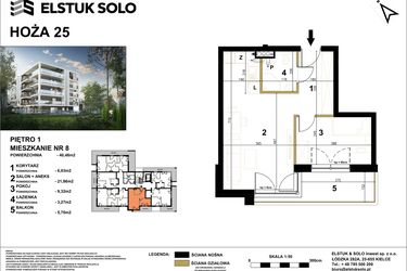 Rzut - Mieszkanie na sprzedaż 2 pokoje o powierzchni 40,48 m² - numer 8 w Hoża 25