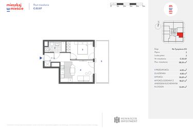 Rzut - Mieszkanie na sprzedaż 2 pokoje o powierzchni 38,16 m² - numer C.02.07 w Mieszkaj w mieście - Na Tysiącleciu budynek C