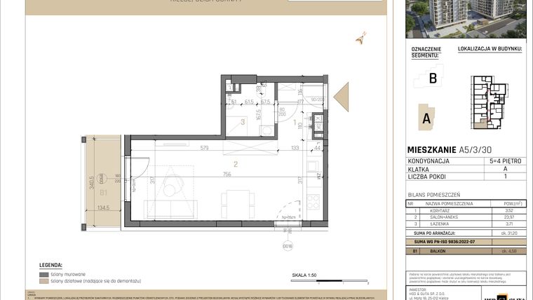 Rzut - Mieszkanie na sprzedaż 1 pokój o powierzchni 31,23 m² - numer A5/3/30 w GEMINI G-7