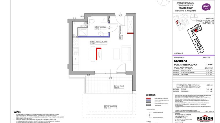 Rzut - Mieszkanie na sprzedaż 1 pokój o powierzchni 27,87 m² - numer 15_D073 w Miasto Moje 8