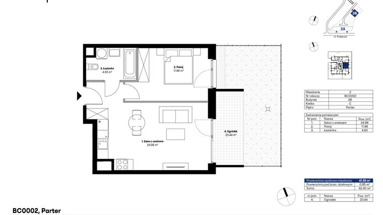 Rzut - Mieszkanie na sprzedaż 2 pokoje o powierzchni 41,55 m² - numer BC0002 w NU2 Warszawa Wola