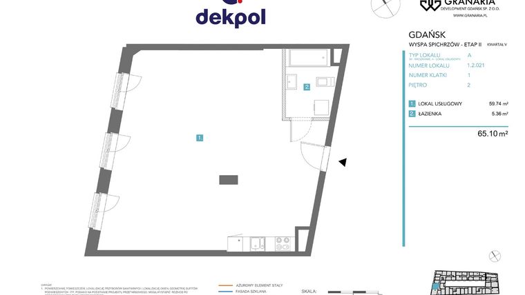 Rzut - Mieszkanie na sprzedaż 1 pokój o powierzchni 65,1 m² - numer 1.2.021 w Granaria