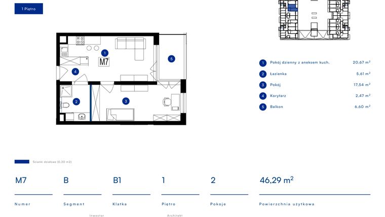 Rzut - Mieszkanie na sprzedaż 2 pokoje o powierzchni 46,29 m² - numer 7B w Przy Bursztynowej