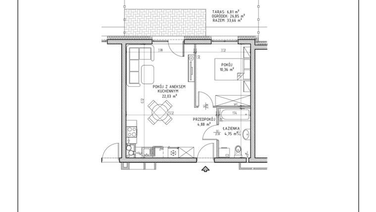 Rzut - Mieszkanie na sprzedaż 2 pokoje o powierzchni 42,02 m² - numer 4 w Kaskada Park bud. A1