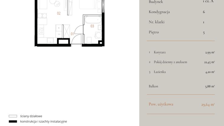 Rzut - Mieszkanie na sprzedaż 1 pokój o powierzchni 29,64 m² - numer M041 w MURANO