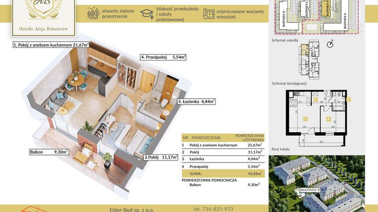 Rzut - Mieszkanie na sprzedaż 2 pokoje o powierzchni 42,82 m² - numer B.8 w Aleja Bohaterów