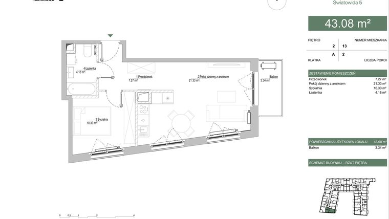 Rzut - Mieszkanie na sprzedaż 2 pokoje o powierzchni 43,08 m² - numer A.02.04 w IKONA Światowida 5