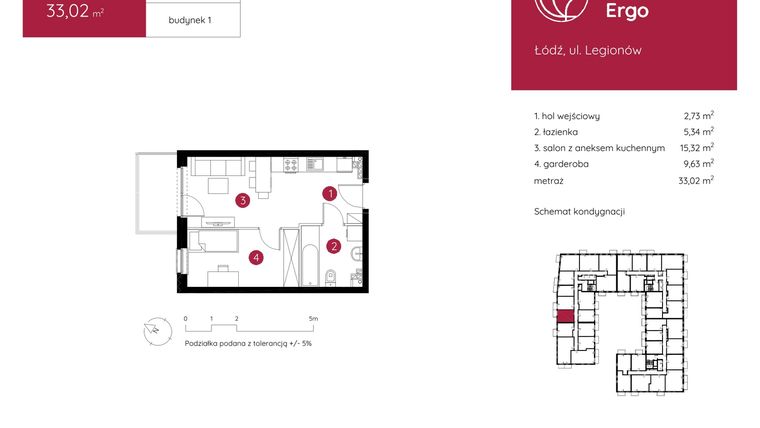 Rzut - Mieszkanie na sprzedaż 1 pokój o powierzchni 33,02 m² - numer 1.C.1.08 w Murapol Ergo