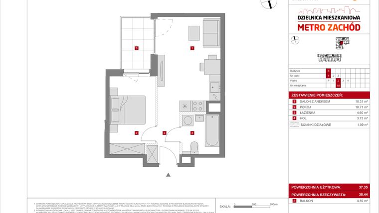 Rzut - Mieszkanie na sprzedaż 2 pokoje o powierzchni 37,35 m² - numer B.18 w Dzielnica Mieszkaniowa Metro Zachód - etap 8.2