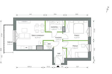 Rzut - Mieszkanie na sprzedaż 3 pokoje o powierzchni 55,3 m² - numer 2/B/2/36 w Oliwska Vita