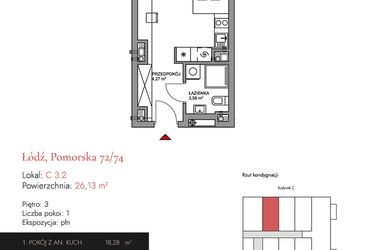 Rzut - Mieszkanie na sprzedaż 1 pokój o powierzchni 26,13 m² - numer C 3.2 w Melody Loft