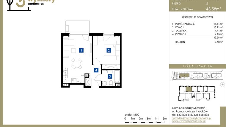 Rzut - Mieszkanie na sprzedaż 2 pokoje o powierzchni 43,58 m² - numer M.A30 w 3 Wymiary Bronowice