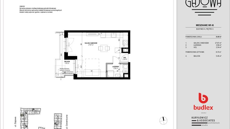 Rzut - Mieszkanie na sprzedaż 1 pokój o powierzchni 34,57 m² - numer 45 w Gajowa bud. A